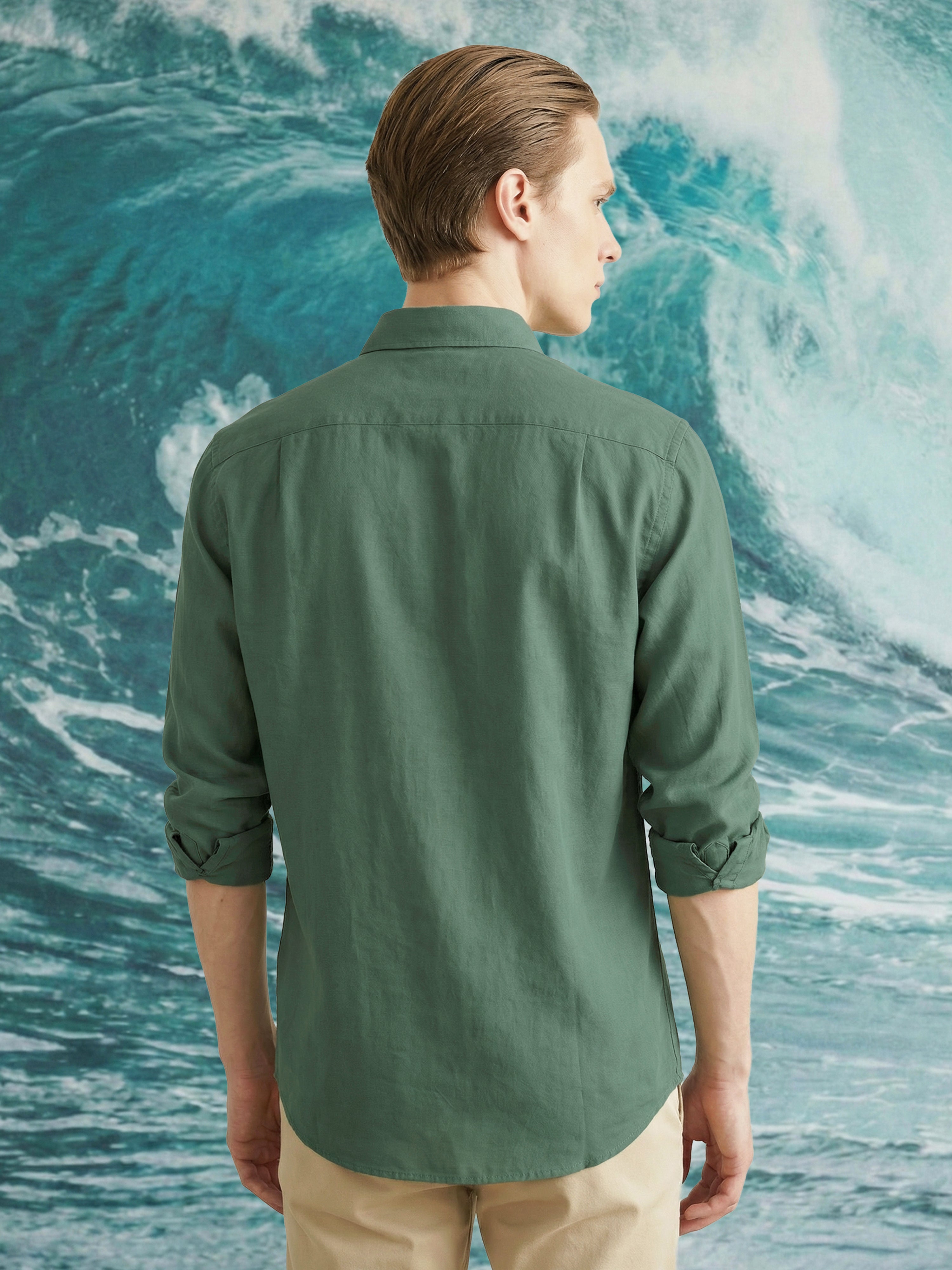 Olive Semi Cotton Cut Away Collar Full Sleeves Mens Shirt