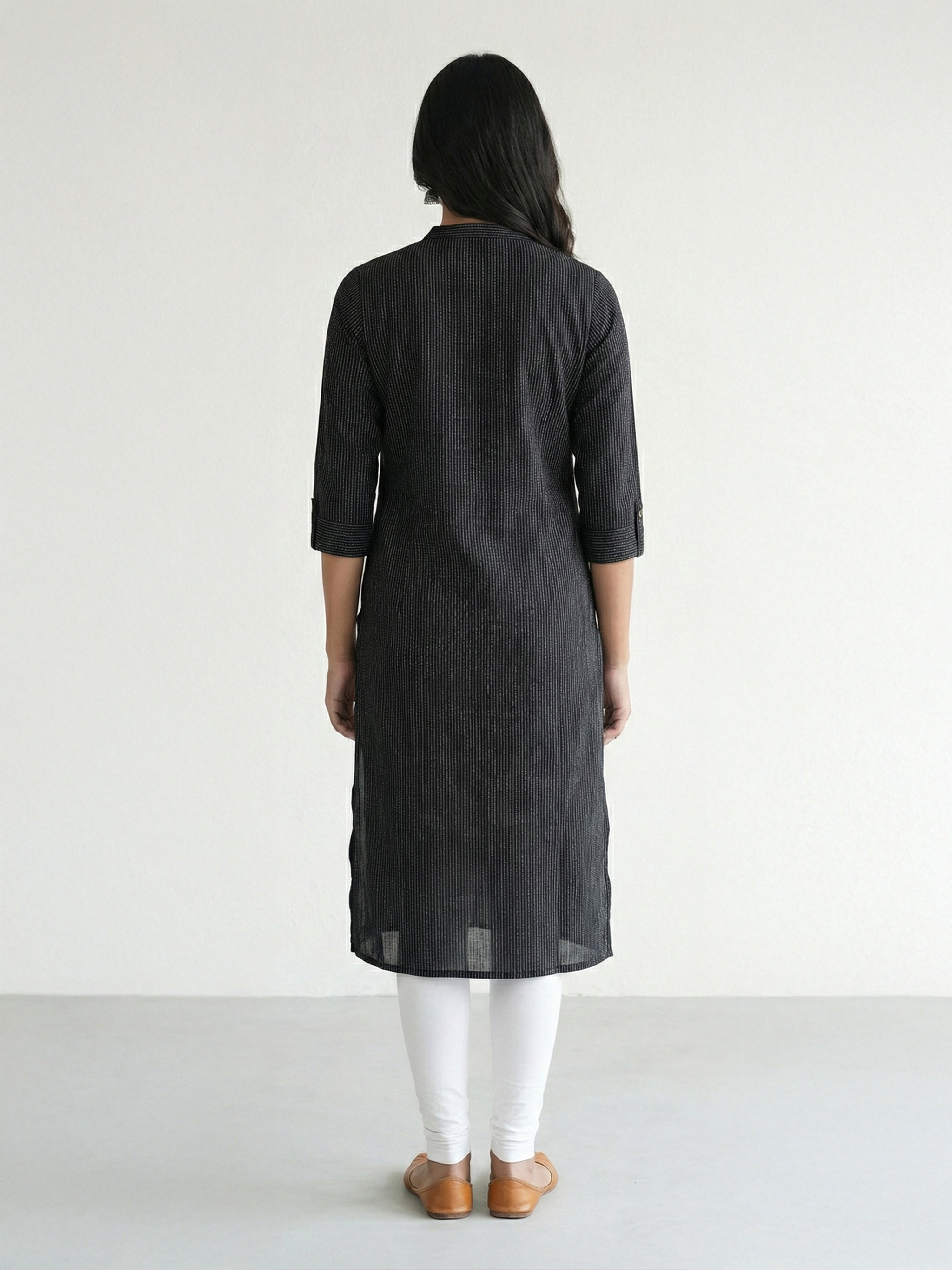 Black Cotton Katha Collar Neck 3/4Th Sleeve Kurti For Female