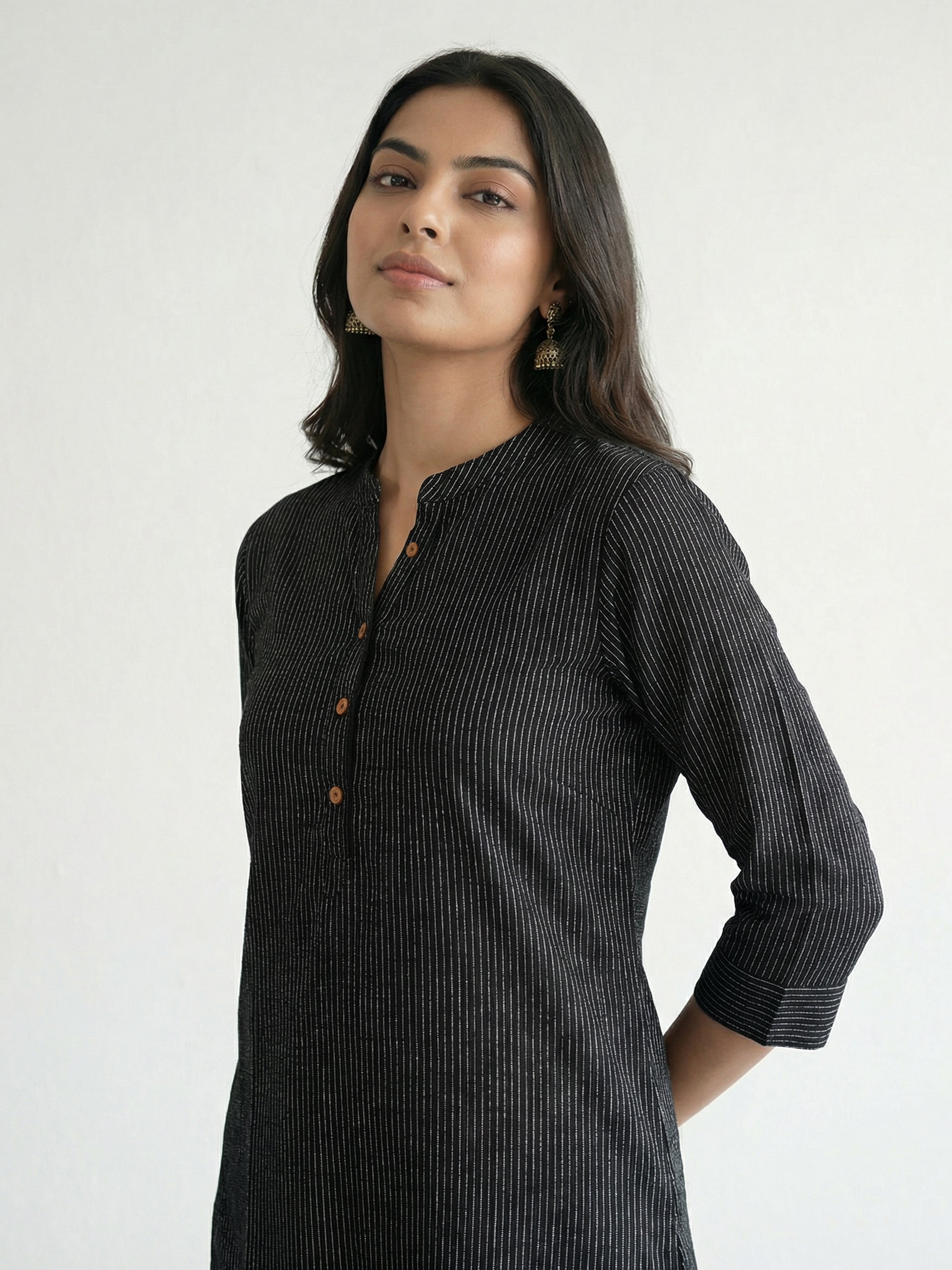 Black Cotton Katha Collar Neck 3/4Th Sleeve Kurti For Female