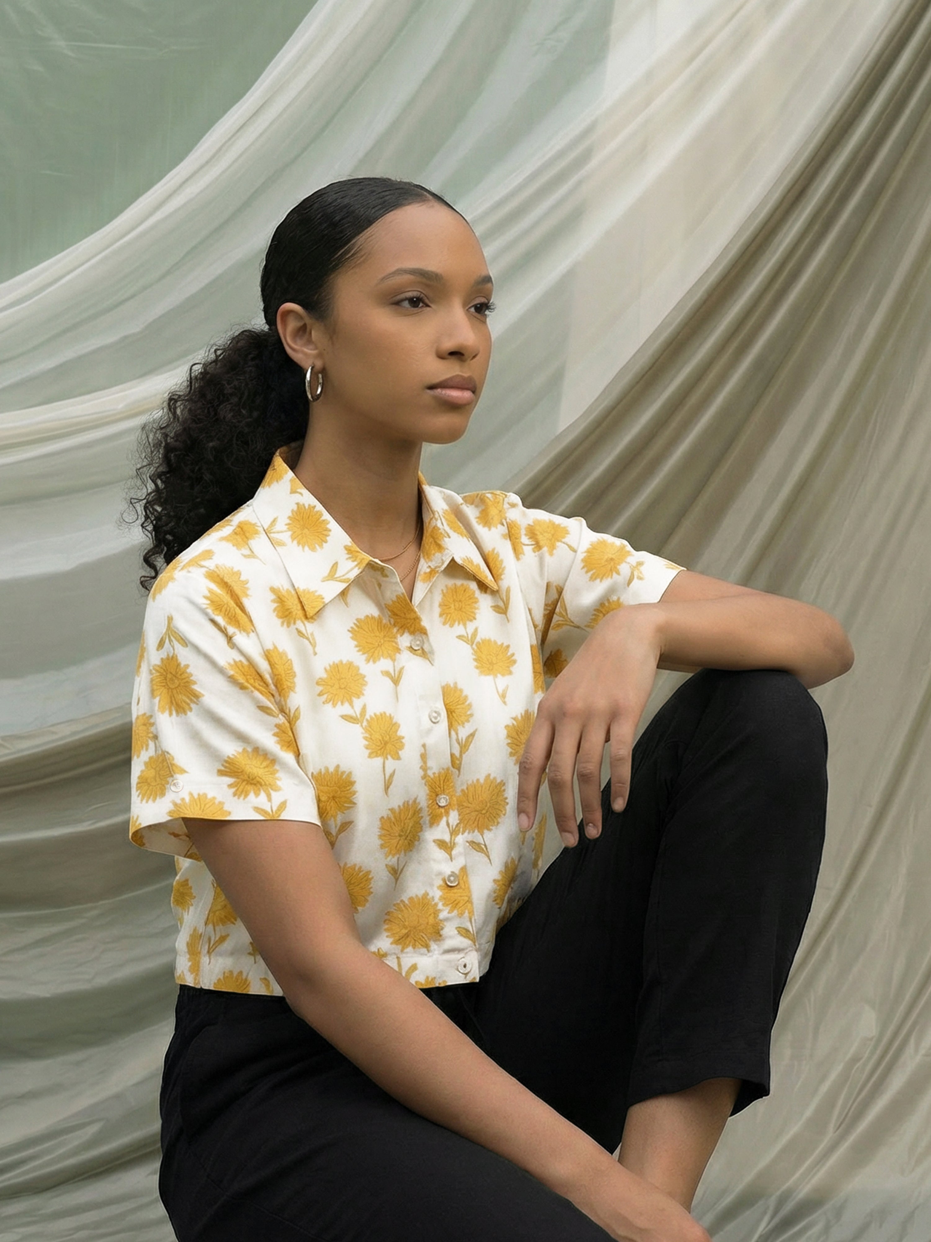 Women's Off White Rayon  Top with Classic Collar Neck