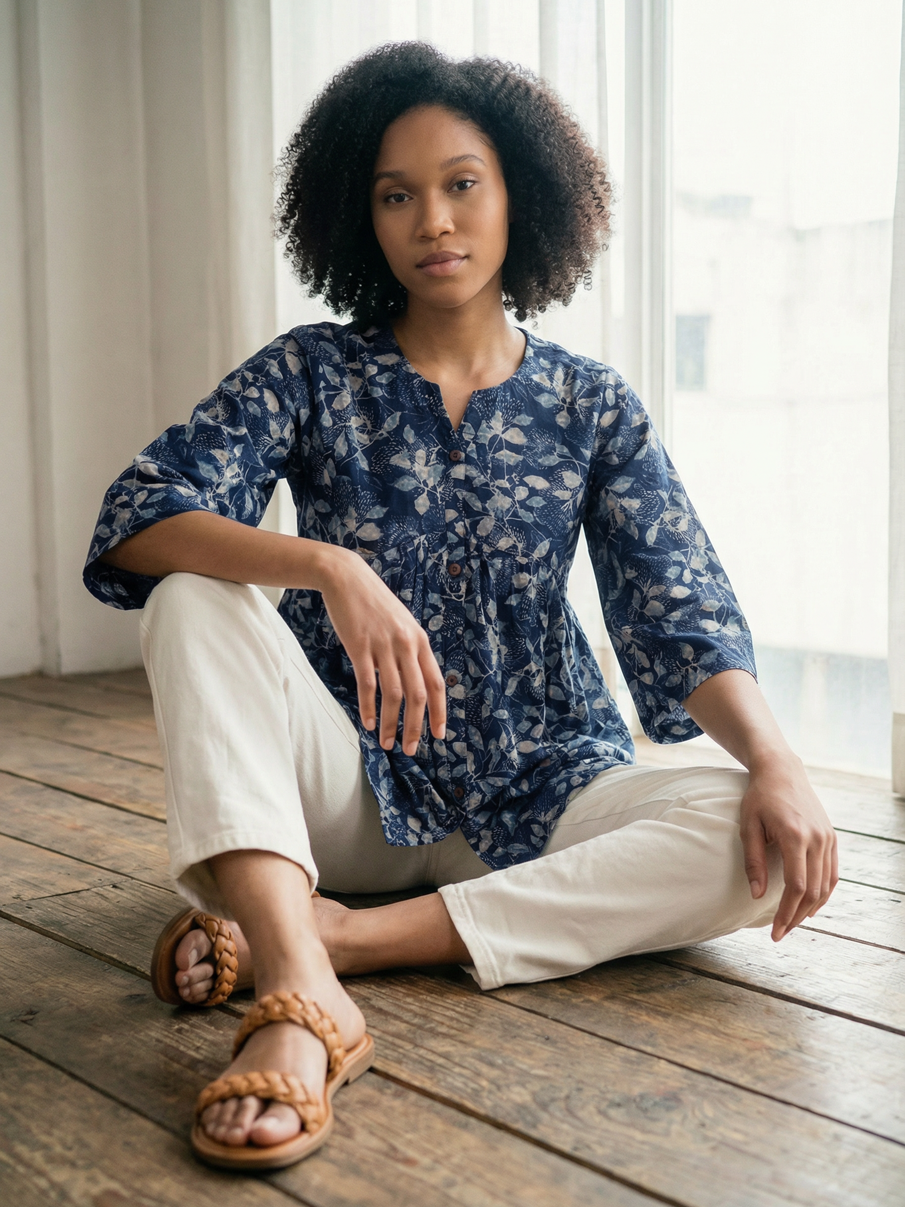 Women's Navy Blue Cotton Top with Round Neck Neck