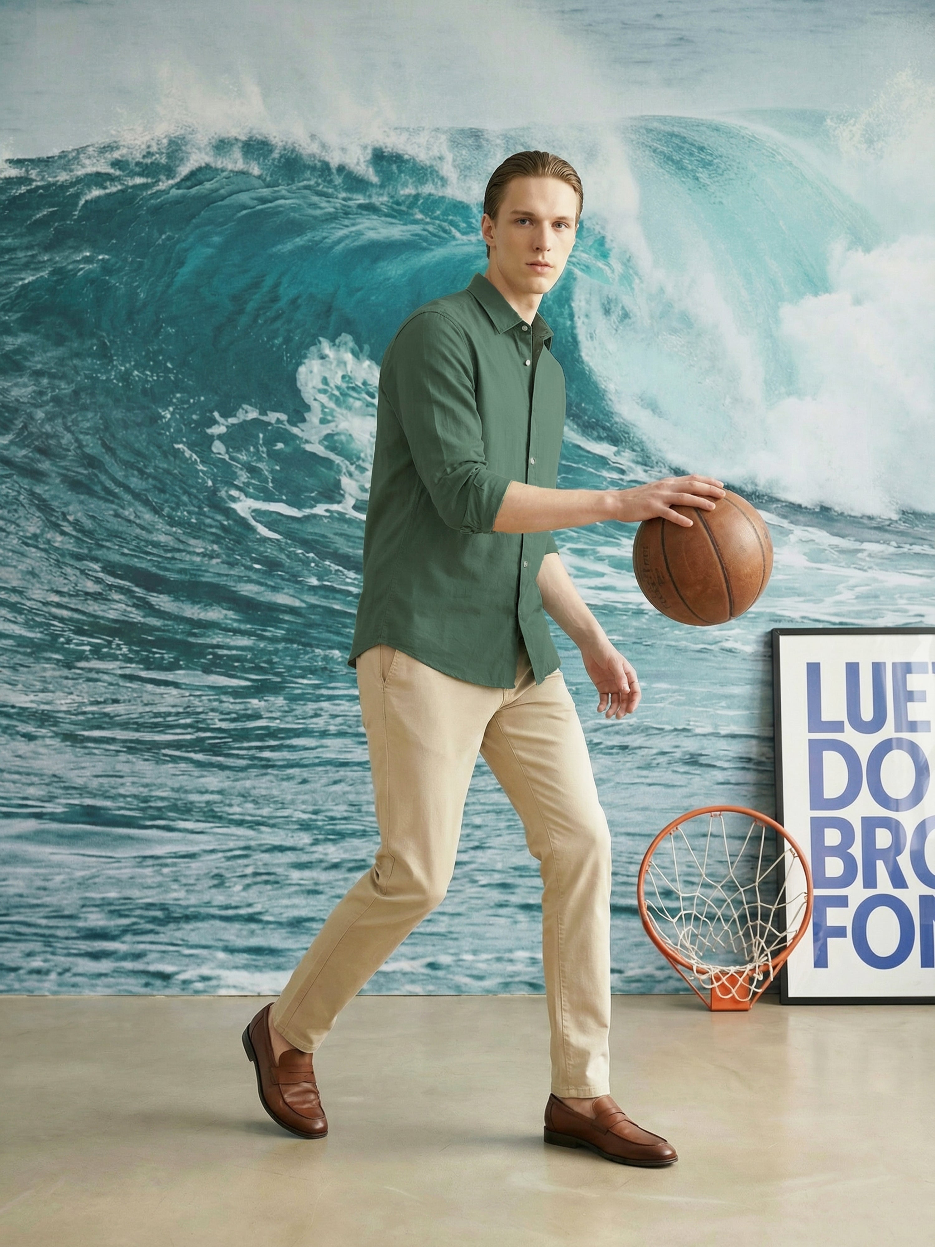 Olive Semi Cotton Cut Away Collar Full Sleeves Mens Shirt