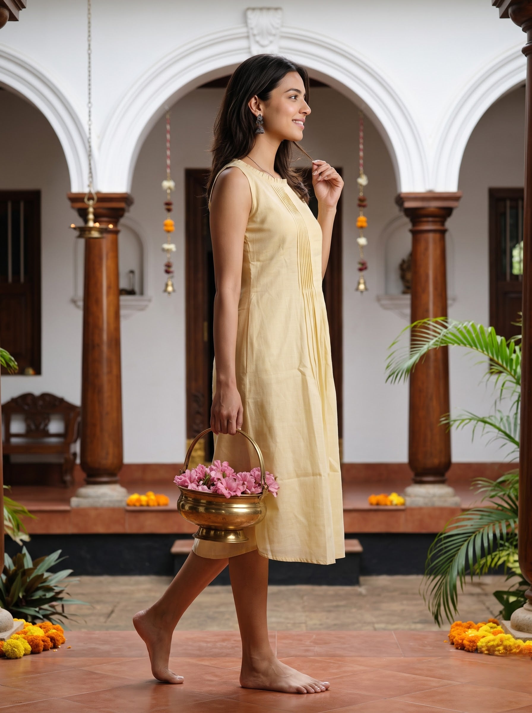Women's Tissue Golden Aline Fit Onam Special Kurti