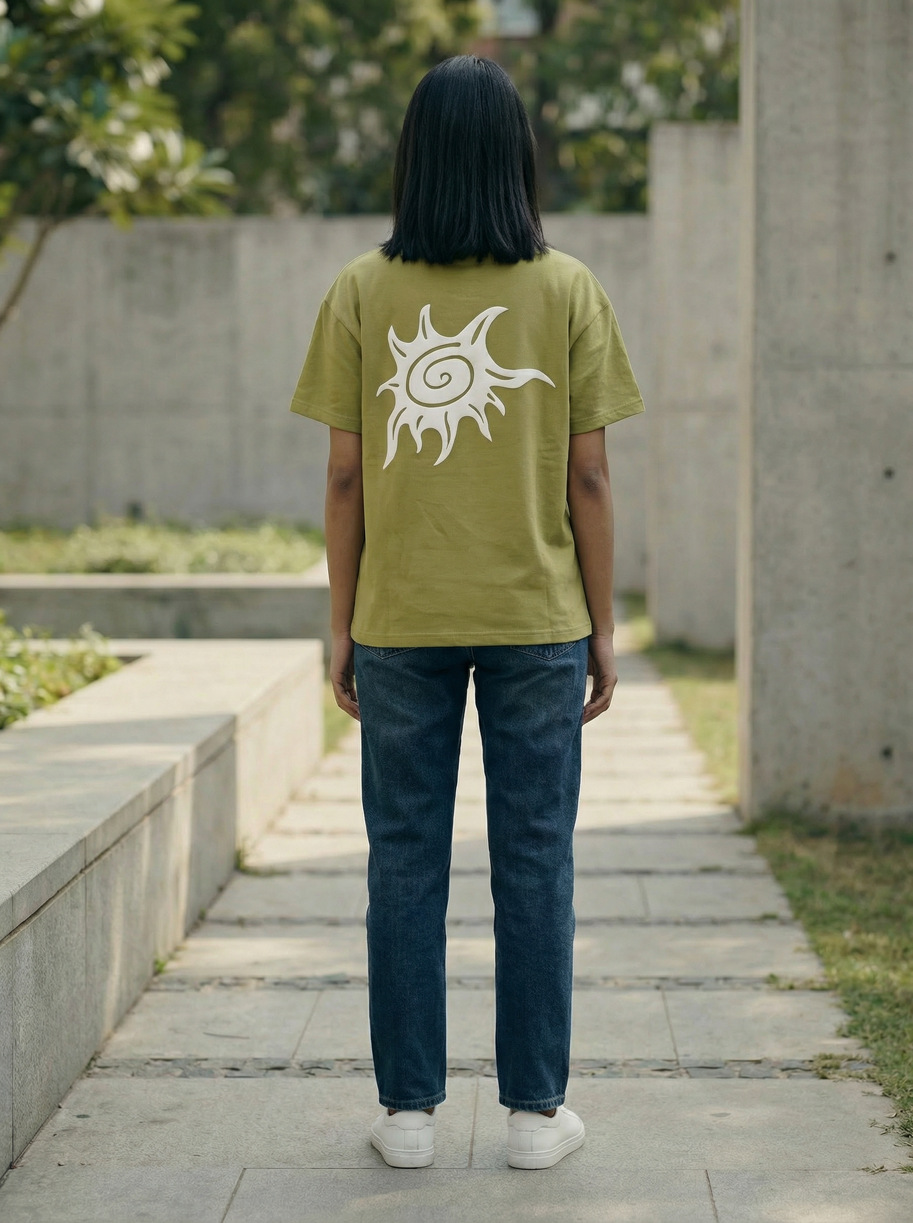 Womens  Green Oversized Round Neck T-Shirt