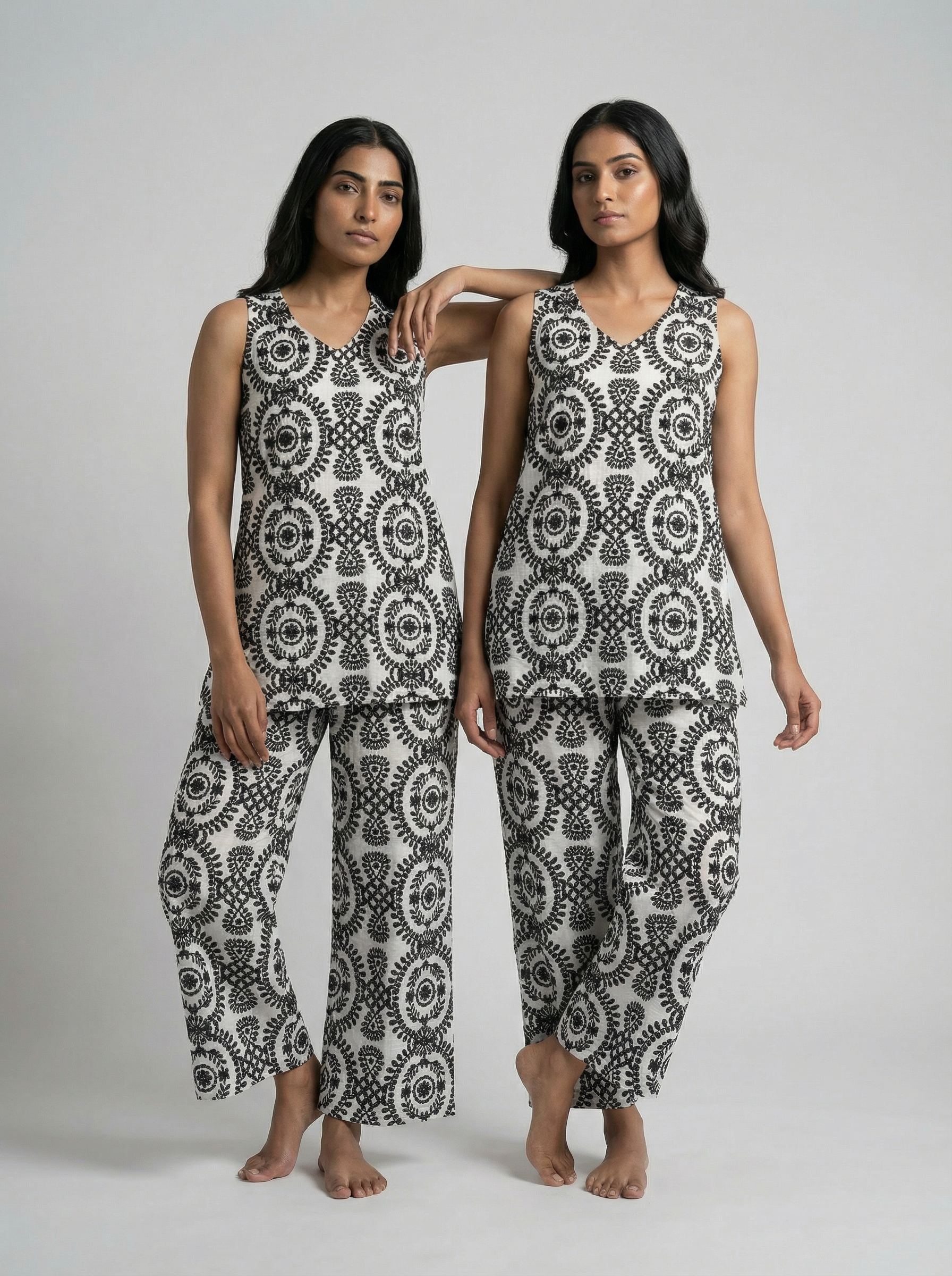 Women’s Black Kantha Print Mid-Length Top & Palazzo Co-Ord Set