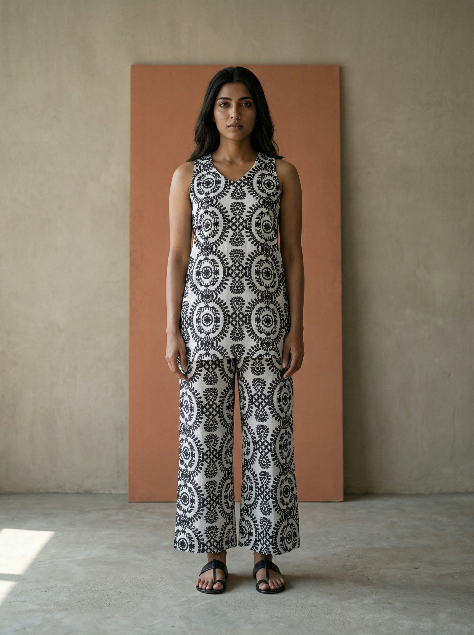 Women’s Black Kantha Print Mid-Length Top & Palazzo Co-Ord Set