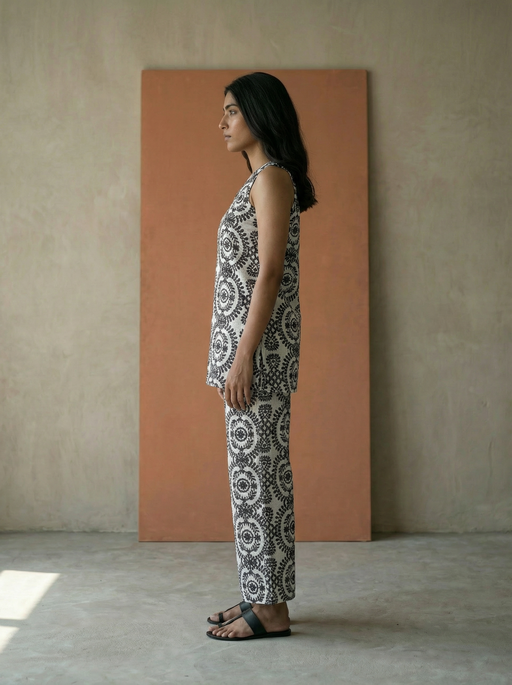 Women’s Black Kantha Print Mid-Length Top & Palazzo Co-Ord Set