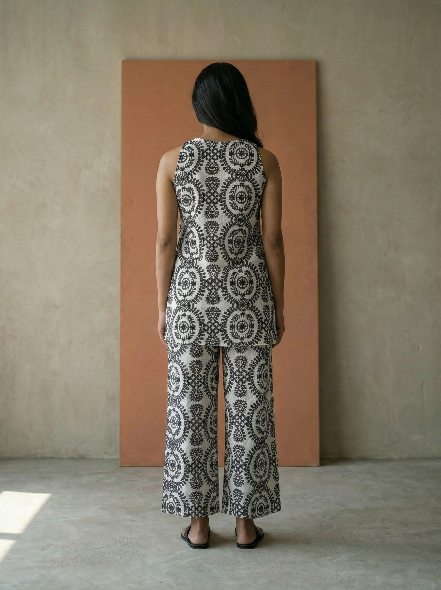 Women’s Black Kantha Print Mid-Length Top & Palazzo Co-Ord Set