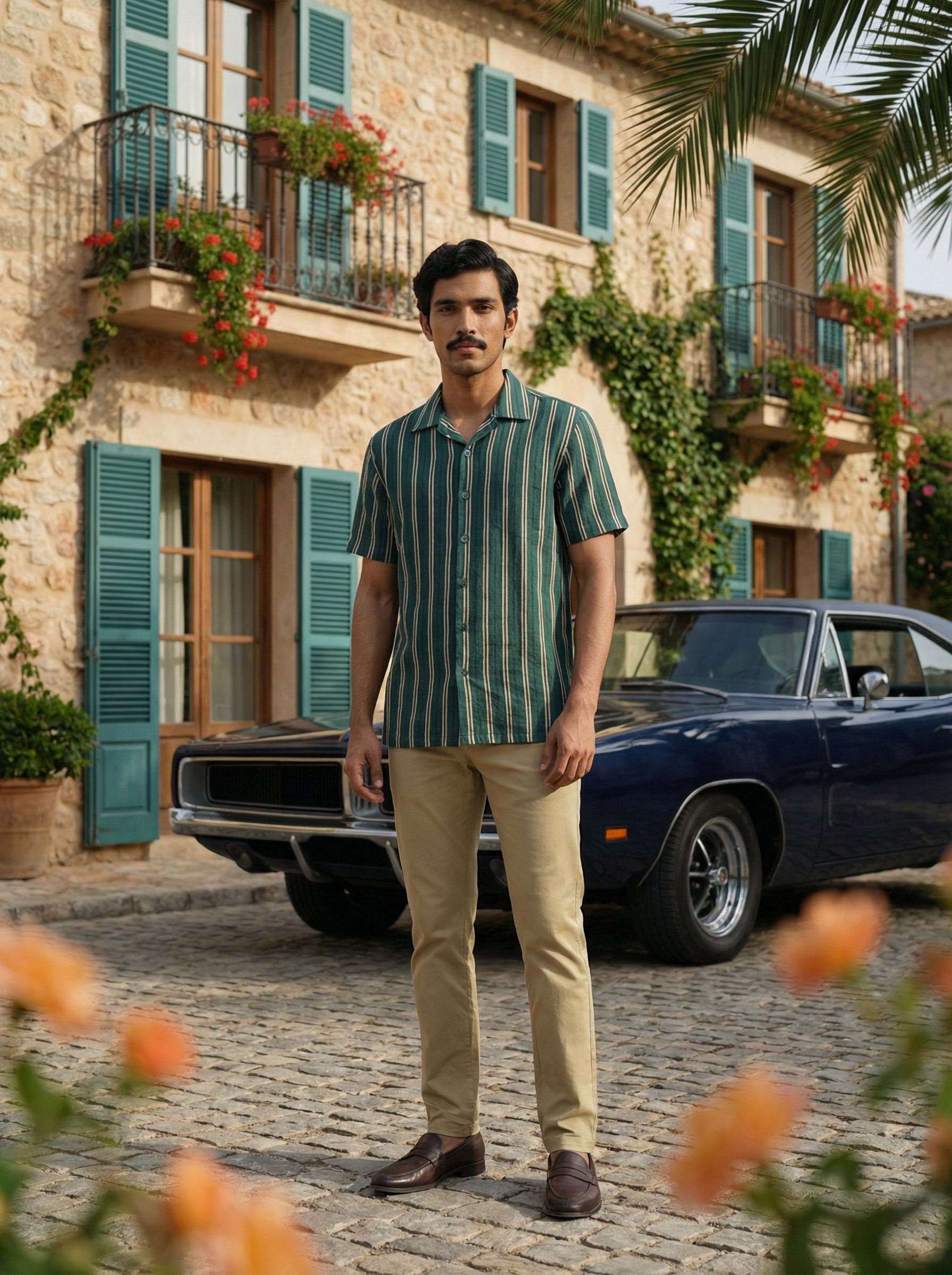 Men’s Green Relaxed Fit Agro Linen Shirt with Cuban Collar