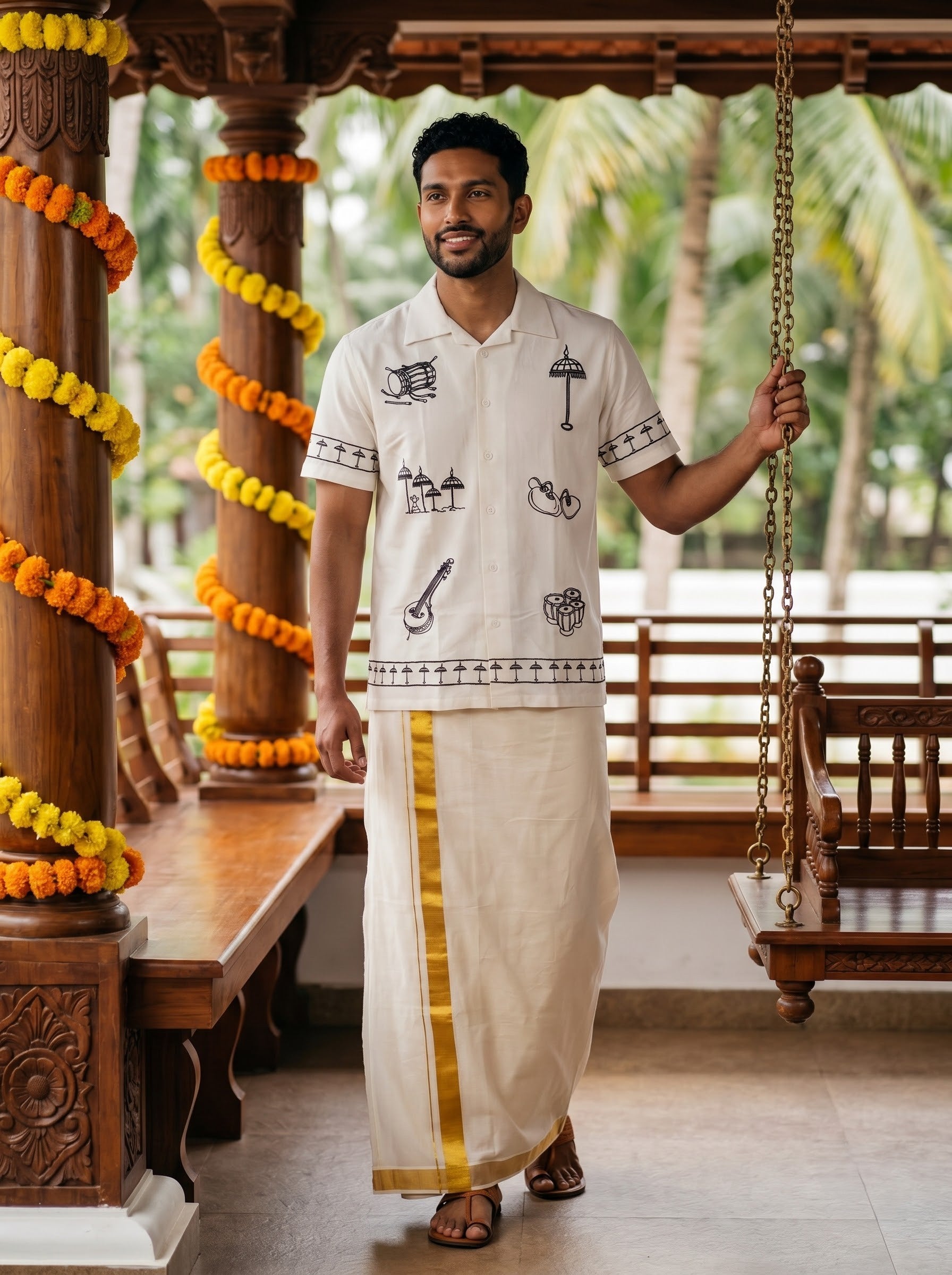 A man wearing a traditional Indian kurta and drape (mundu) stands on a wooden porch decorated with orange and yellow marigold garlands. The kurta is off-white with black printed illustrations of traditional objects, and the drape has a gold stripe down the side.