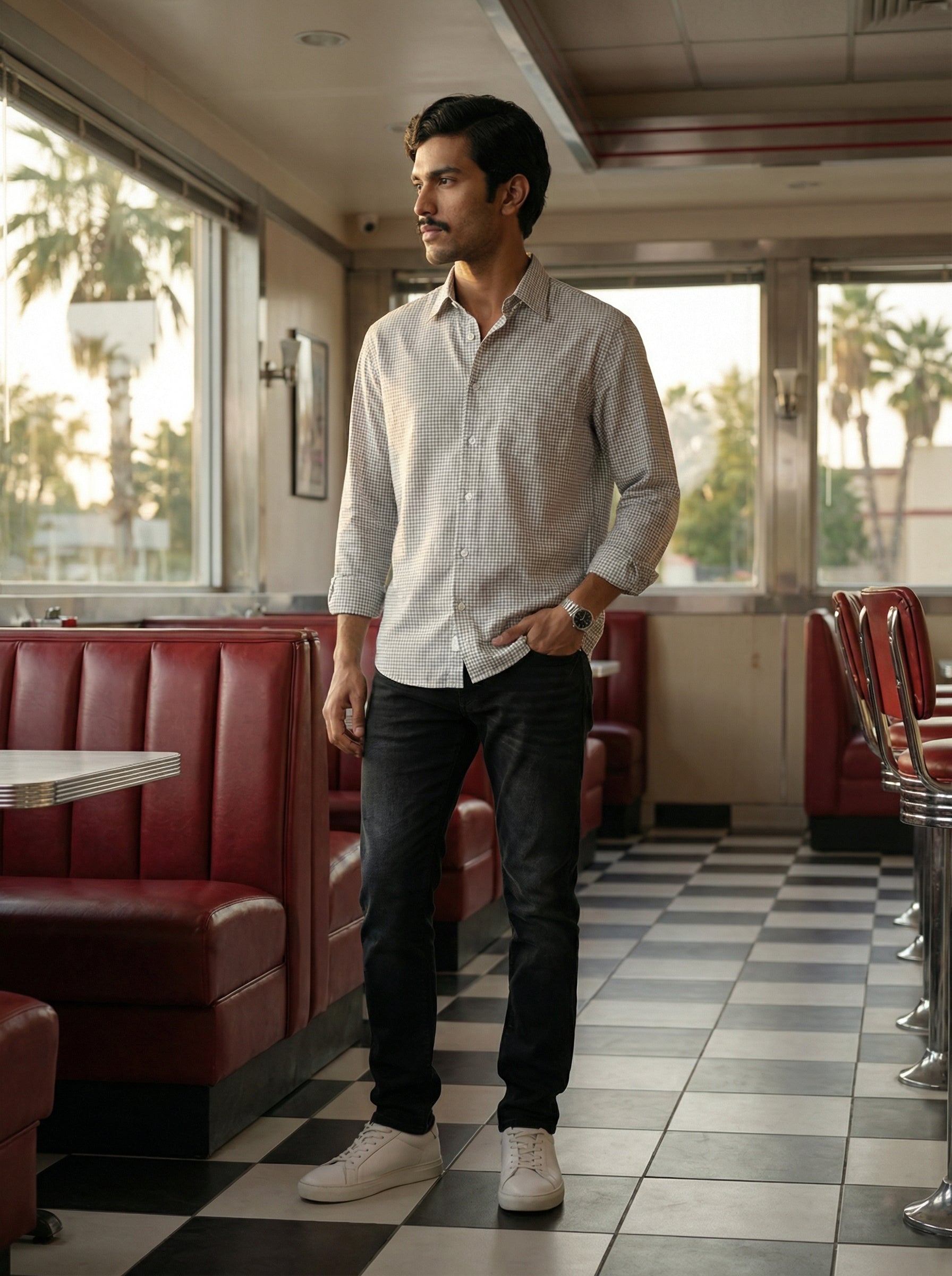 Men’s White Relaxed Fit Cotton Check Shirt