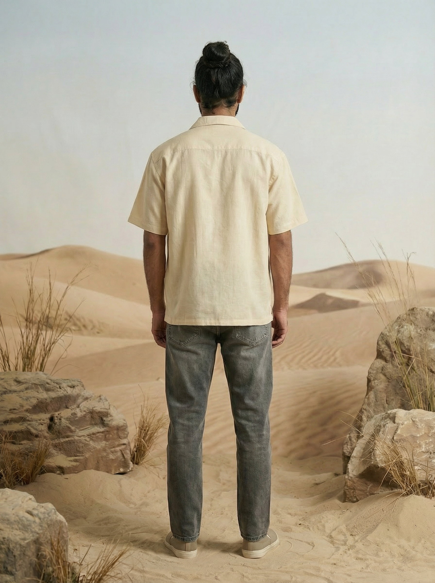 Men’s Natural Organic Flax Oversized Embroidered Cuban Collar Shirt