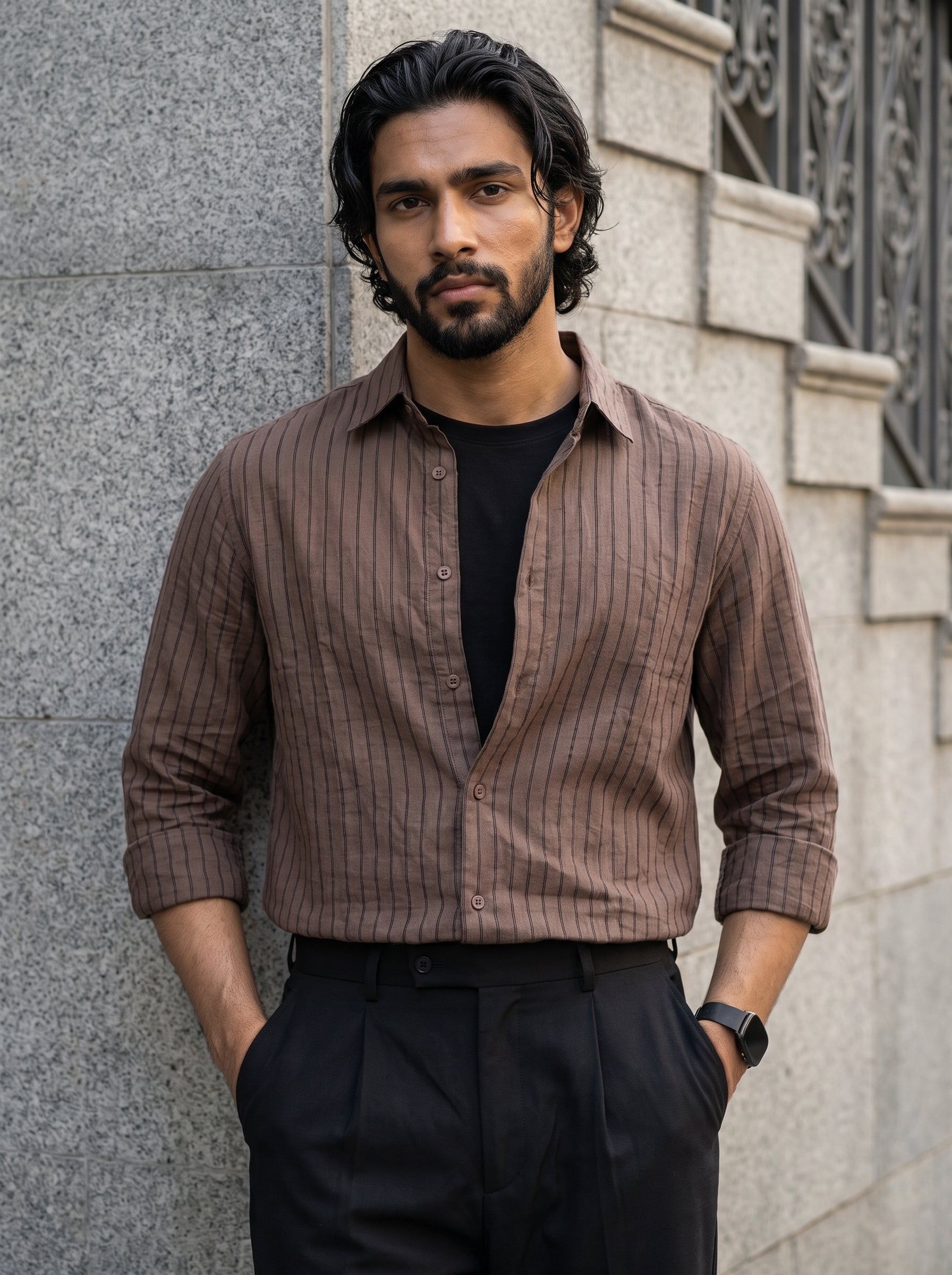 Men's Stripes Brown Relaxed Fit Shirt