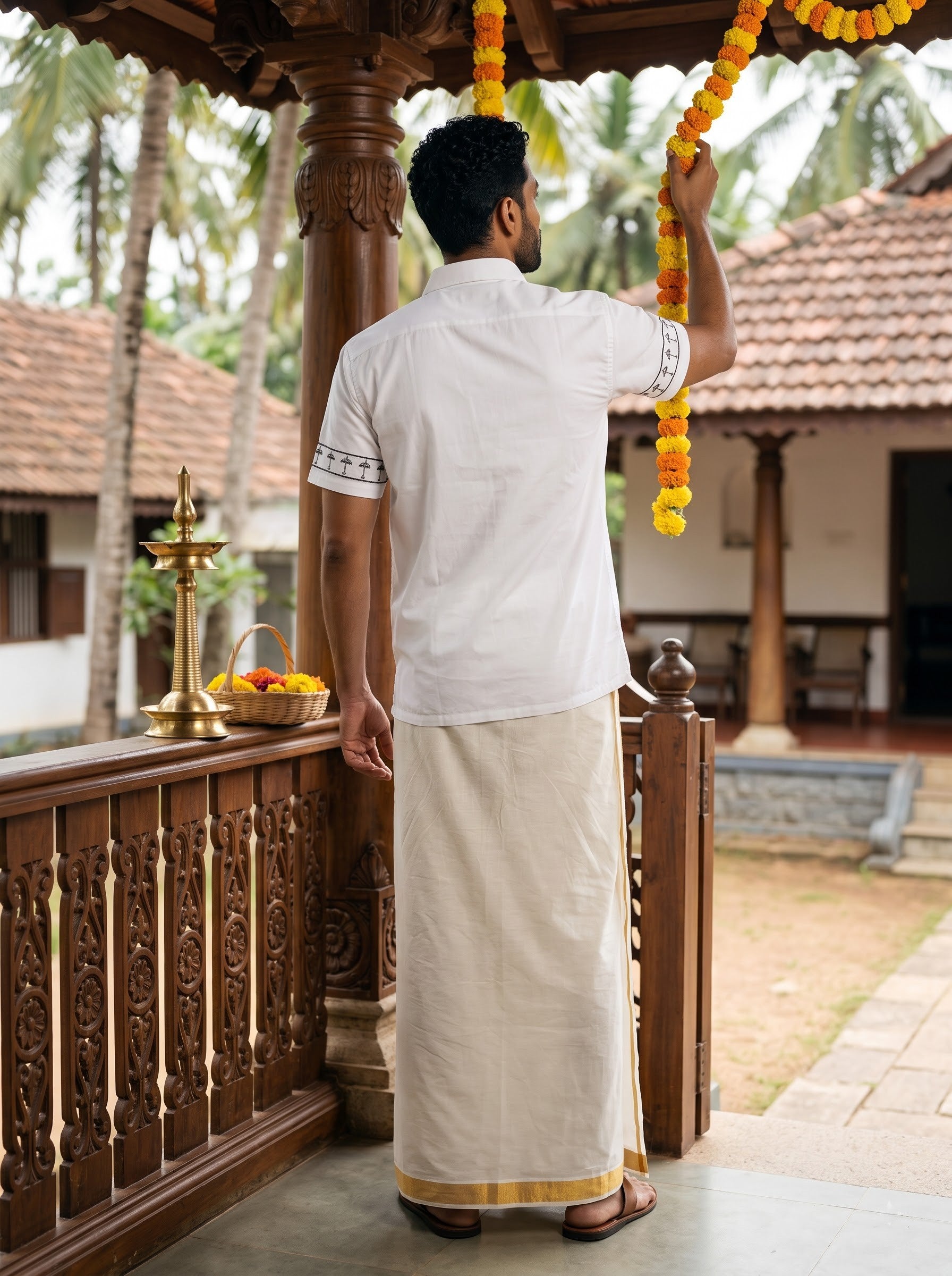 A man viewed from behind wearing a white short-sleeve kurta with embroidered cuffs and a cream-colored dhoti, standing on a traditional porch and holding a yellow marigold garland.