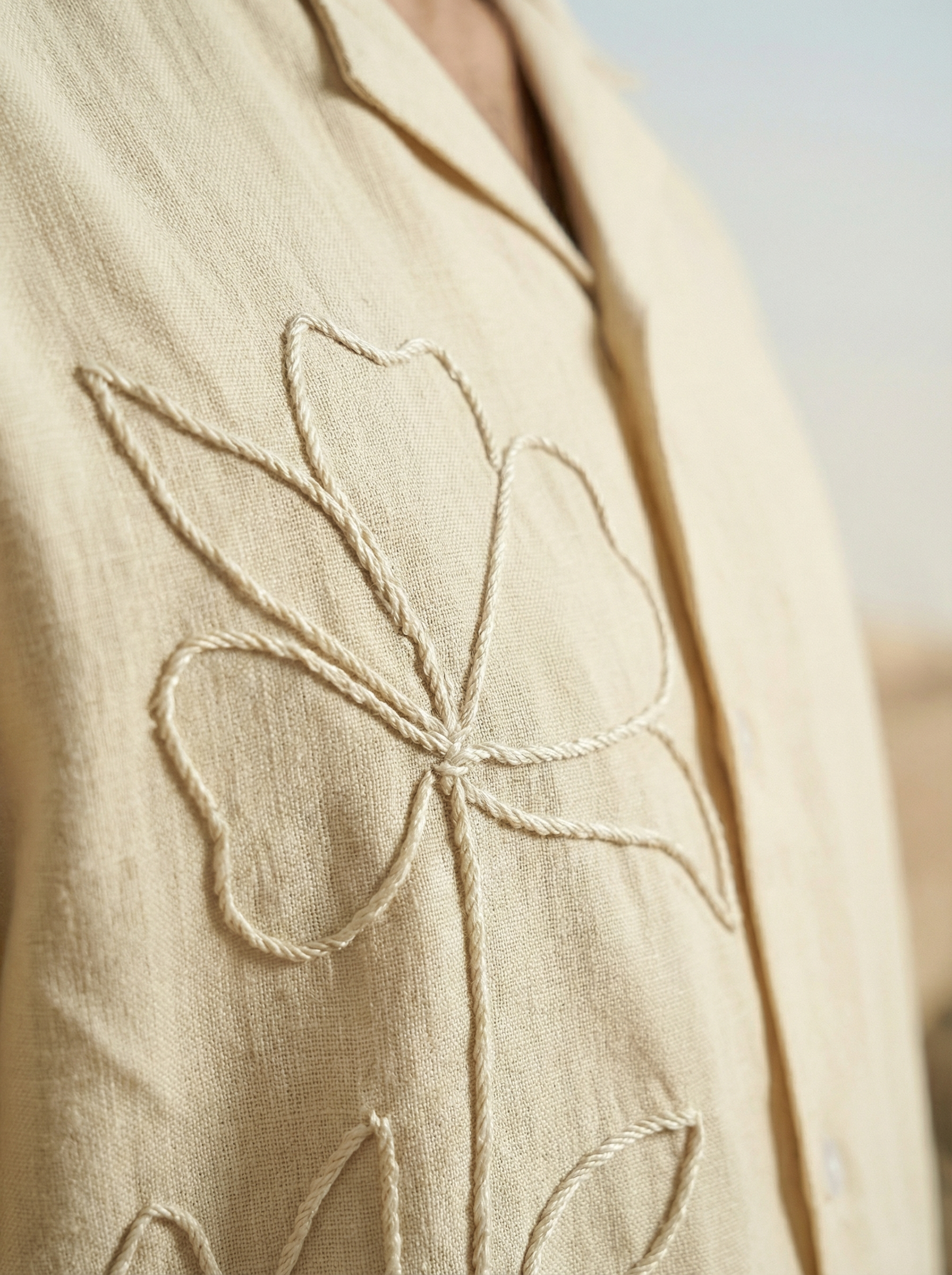 Men’s Natural Organic Flax Oversized Embroidered Cuban Collar Shirt