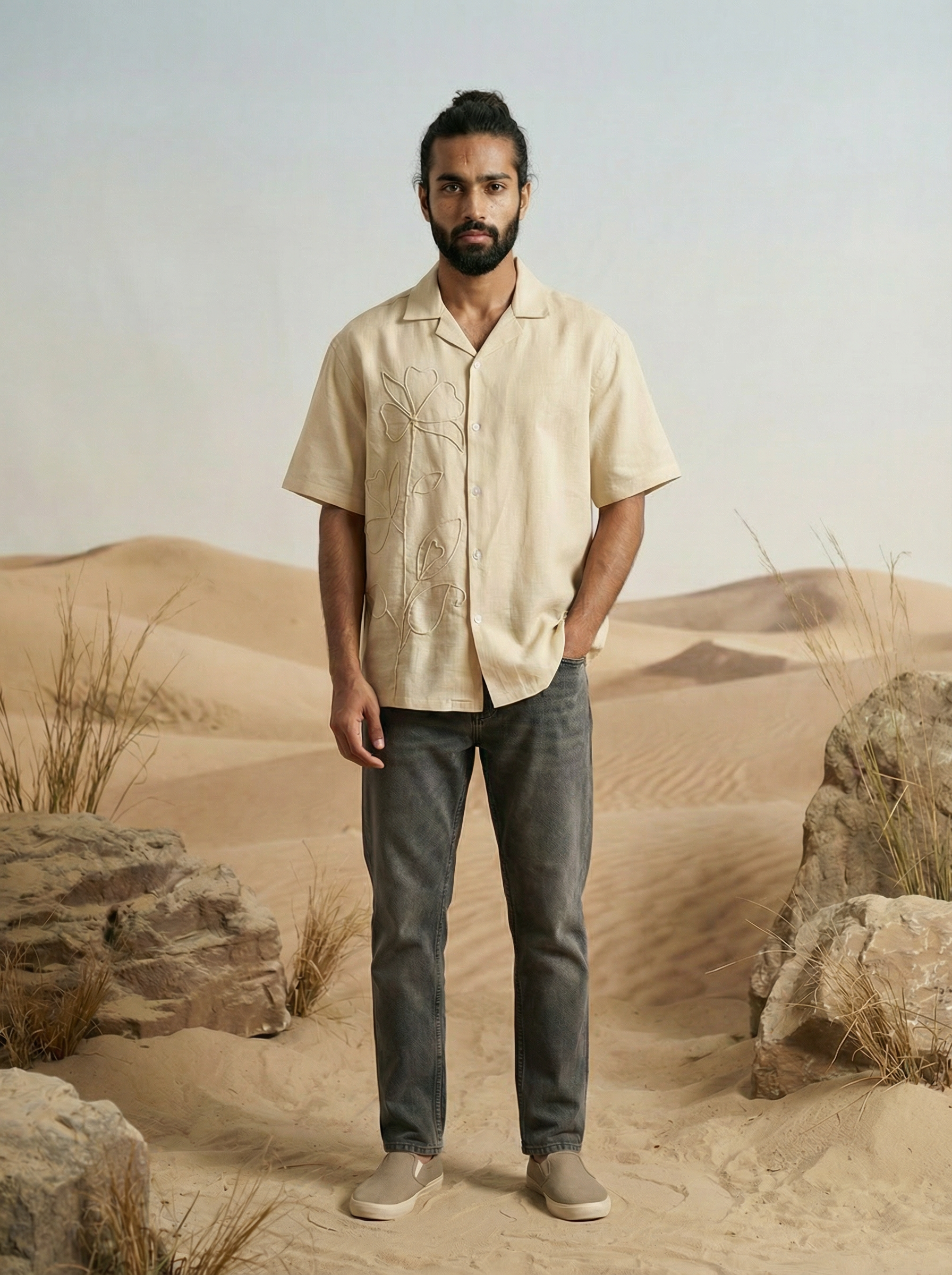 Men’s Natural Organic Flax Oversized Embroidered Cuban Collar Shirt