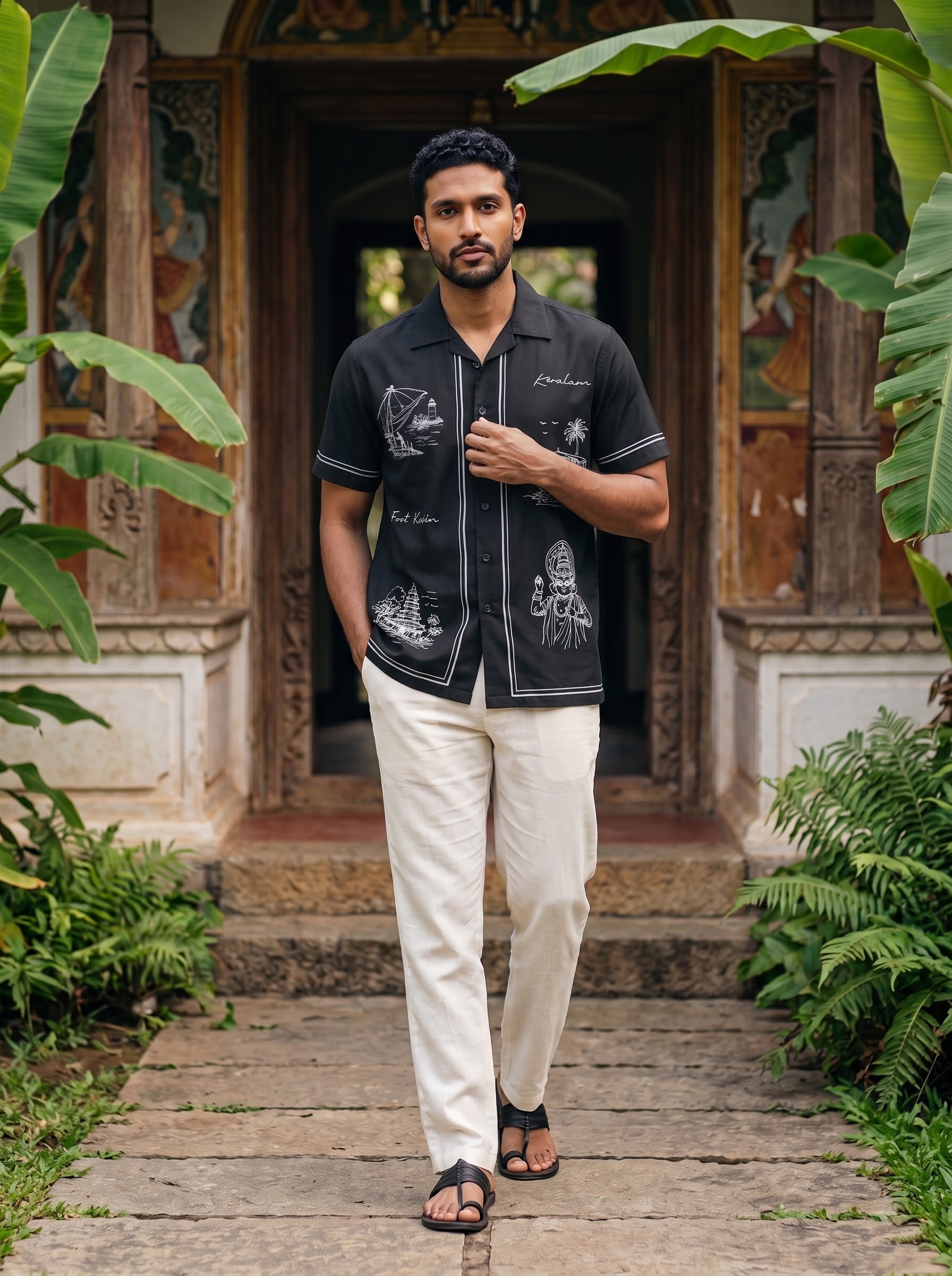 A man wearing a black short-sleeve button-up shirt with white graphic prints and cream-colored trousers, walking down a stone path in front of a traditional carved wooden doorway surrounded by lush green plants.