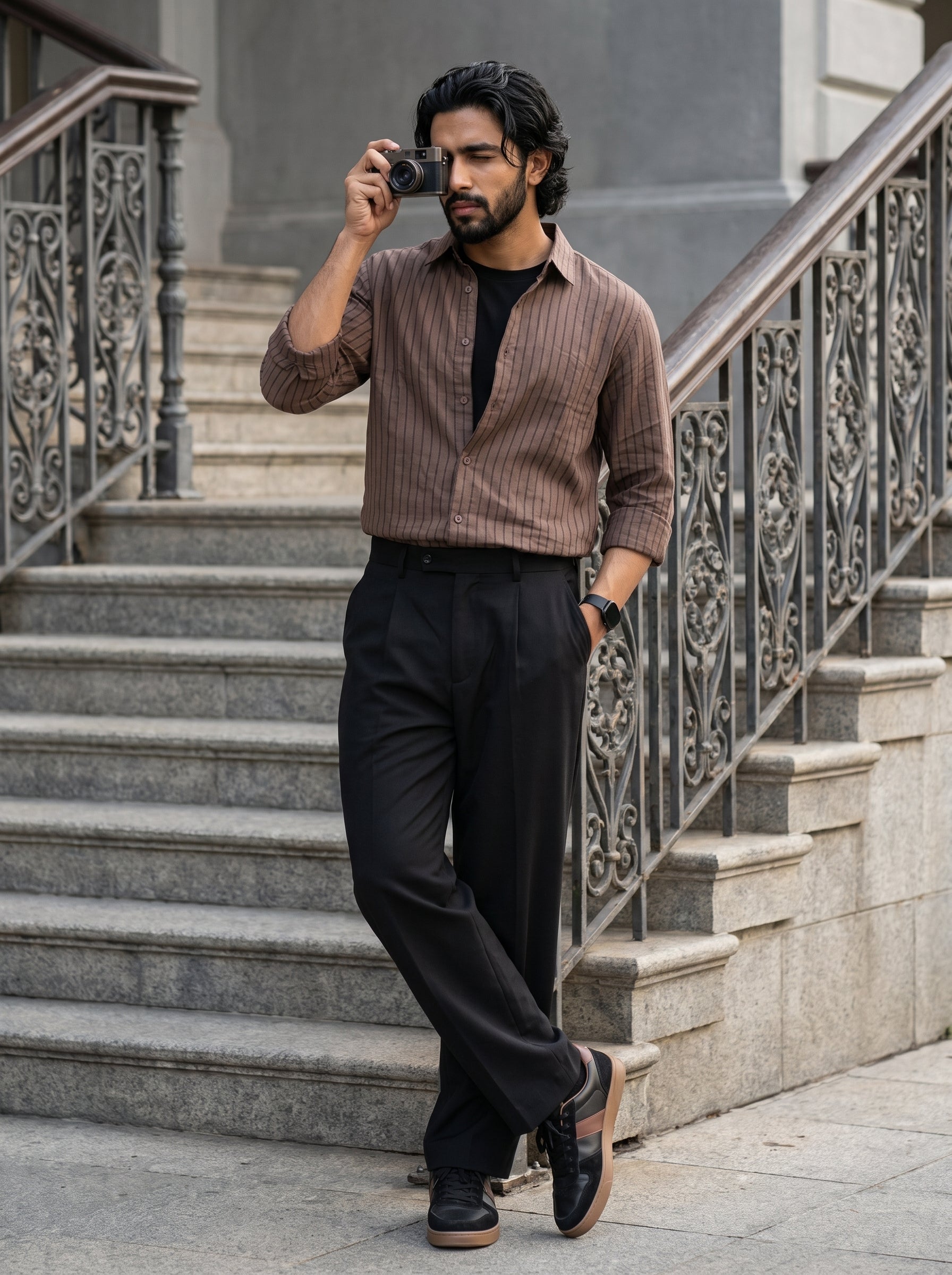 Men's Stripes Brown Relaxed Fit Shirt