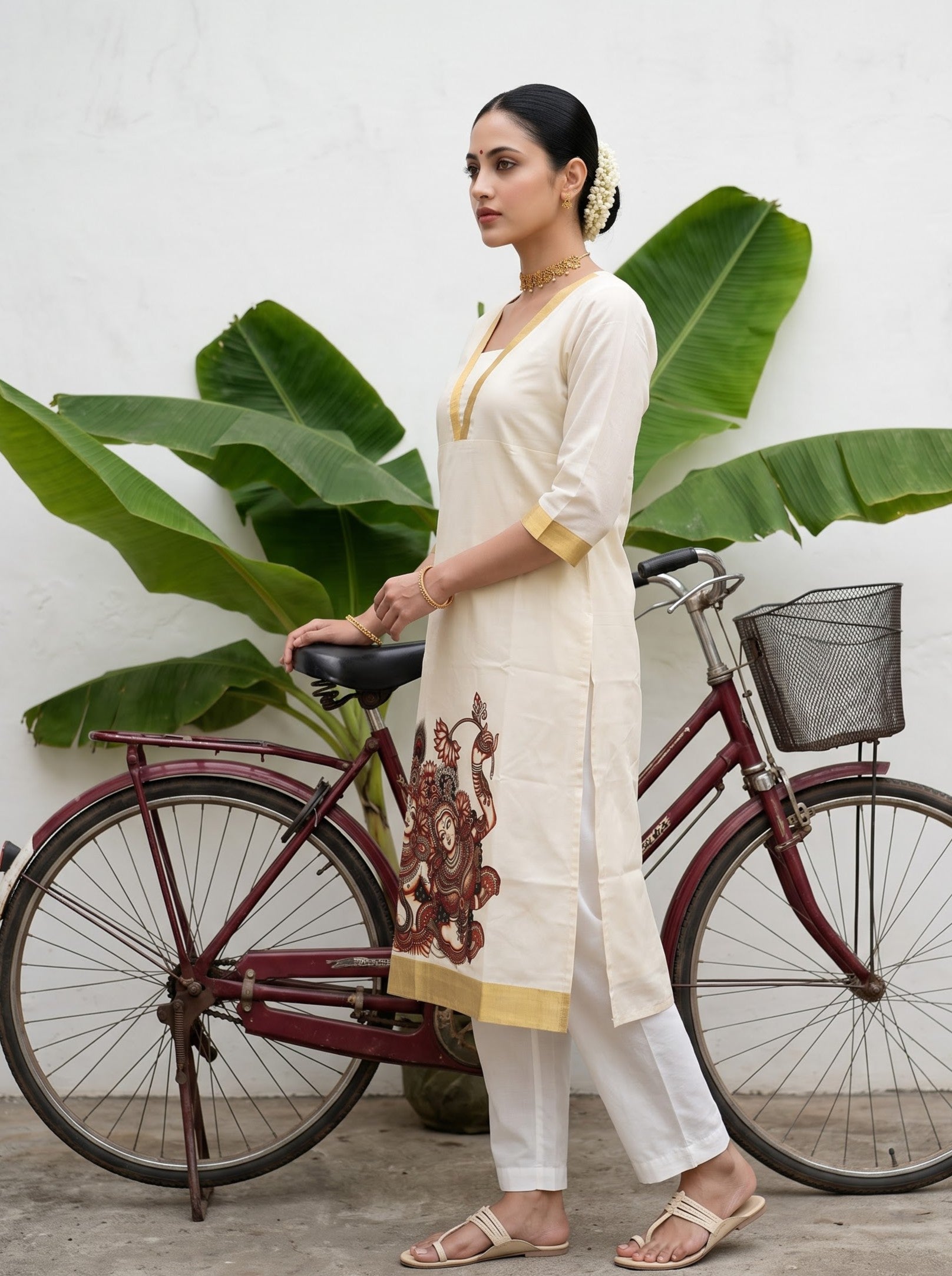 Women's Cotton Cream Regular Fit Onam Special Kurti