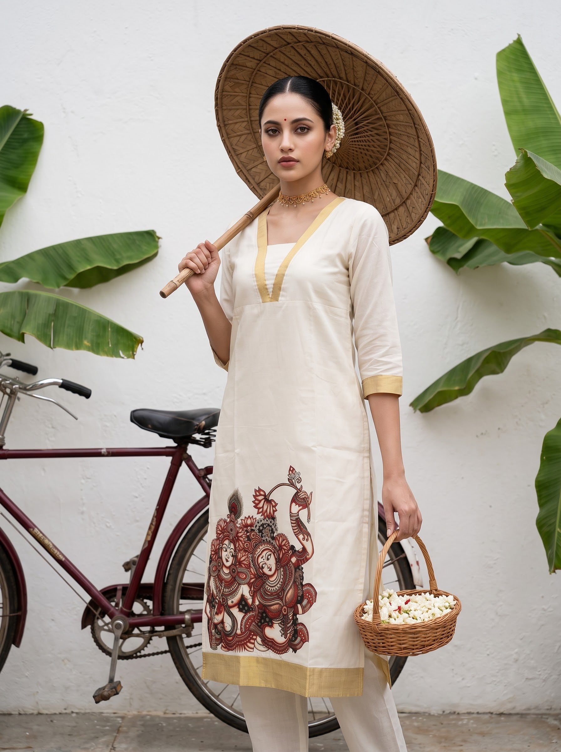 Women's Cotton Cream Regular Fit Onam Special Kurti
