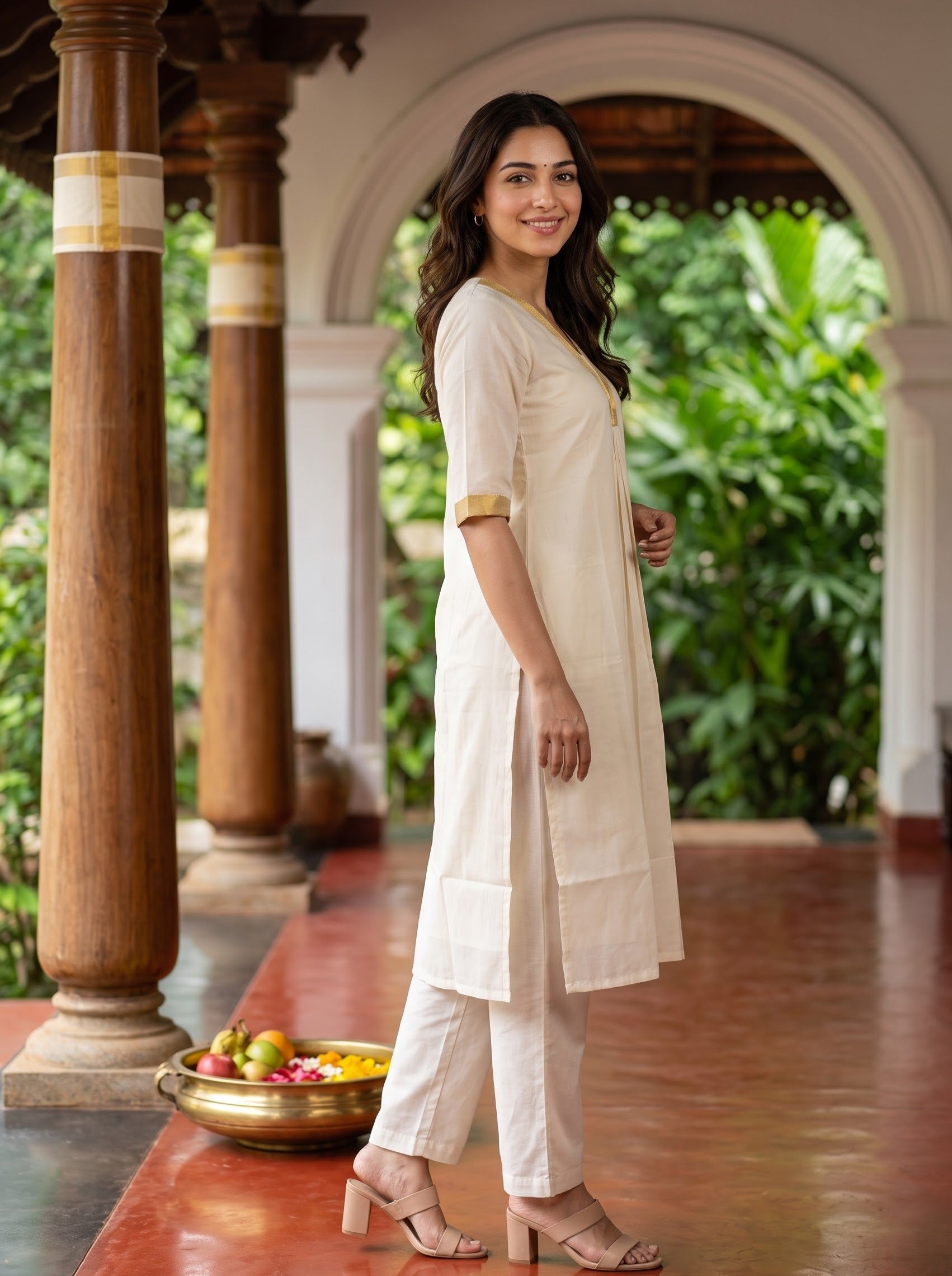 A woman modeling a light beige kurta and trouser set in a traditional courtyard with wooden pillars and green foliage in the background.