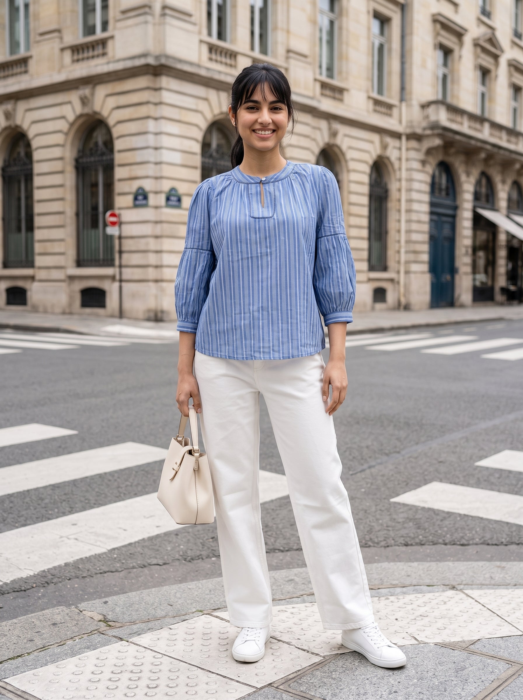 Women's Cotton Blue Stripes Relaxed Fit Top