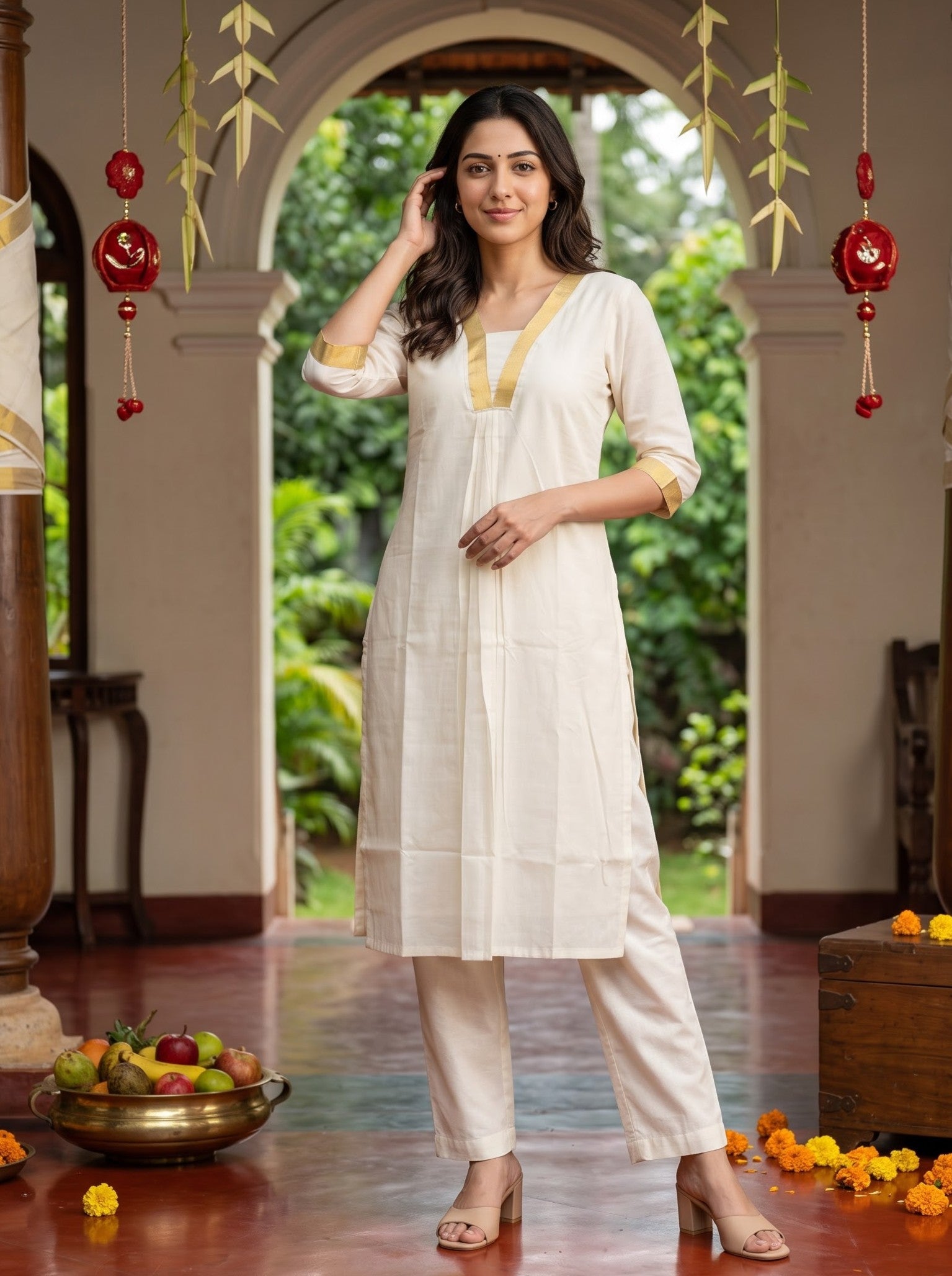 A woman modeling a traditional Indian outfit consisting of an off-white kurta with gold trim and matching trousers, standing in a decorated courtyard with arches and hanging red lanterns.