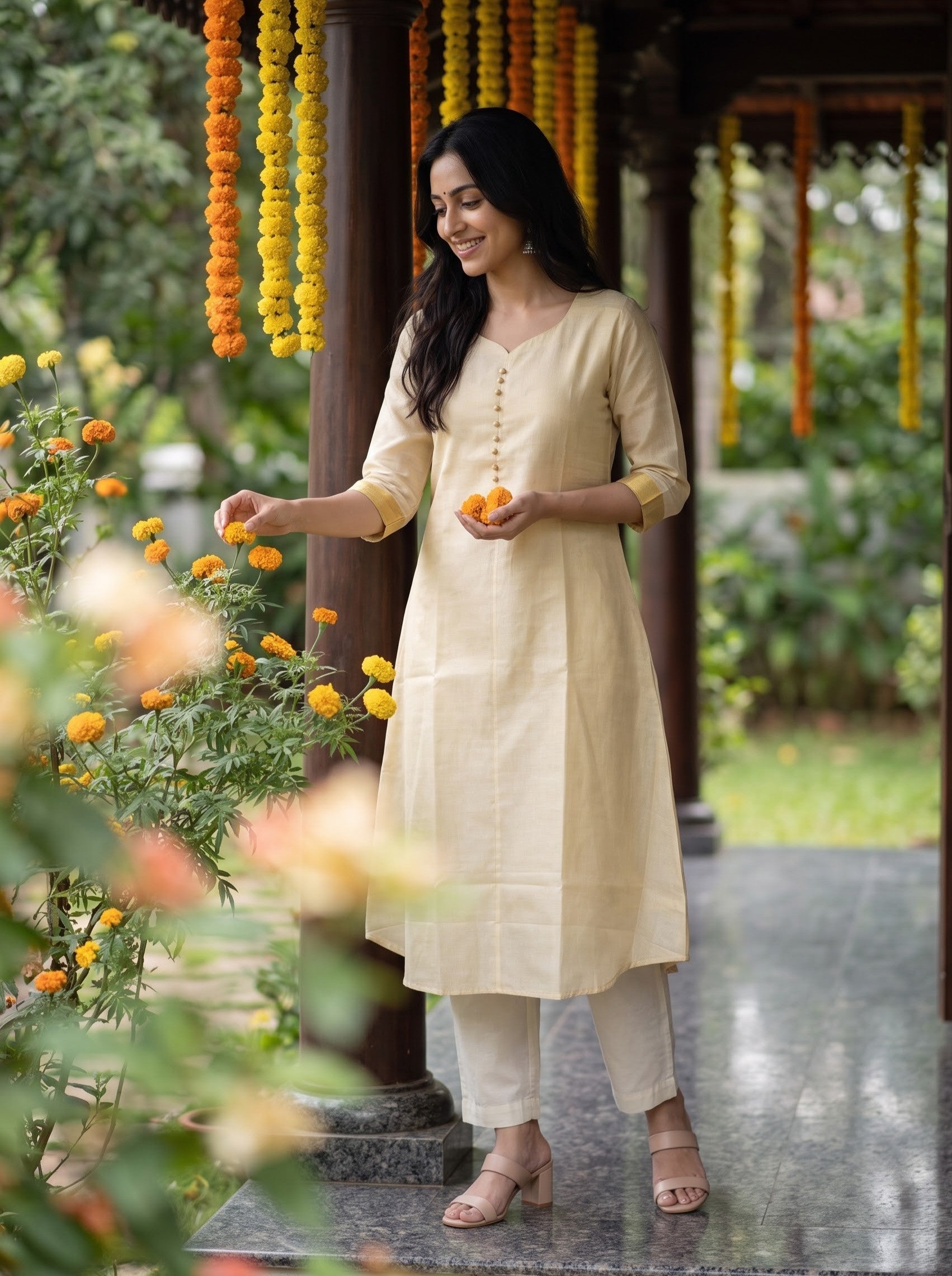 A woman wearing a light beige kurta and matching pants stands in a garden under a wooden pavilion, holding small orange flowers. Yellow and orange marigold garlands hang from the structure in the background.