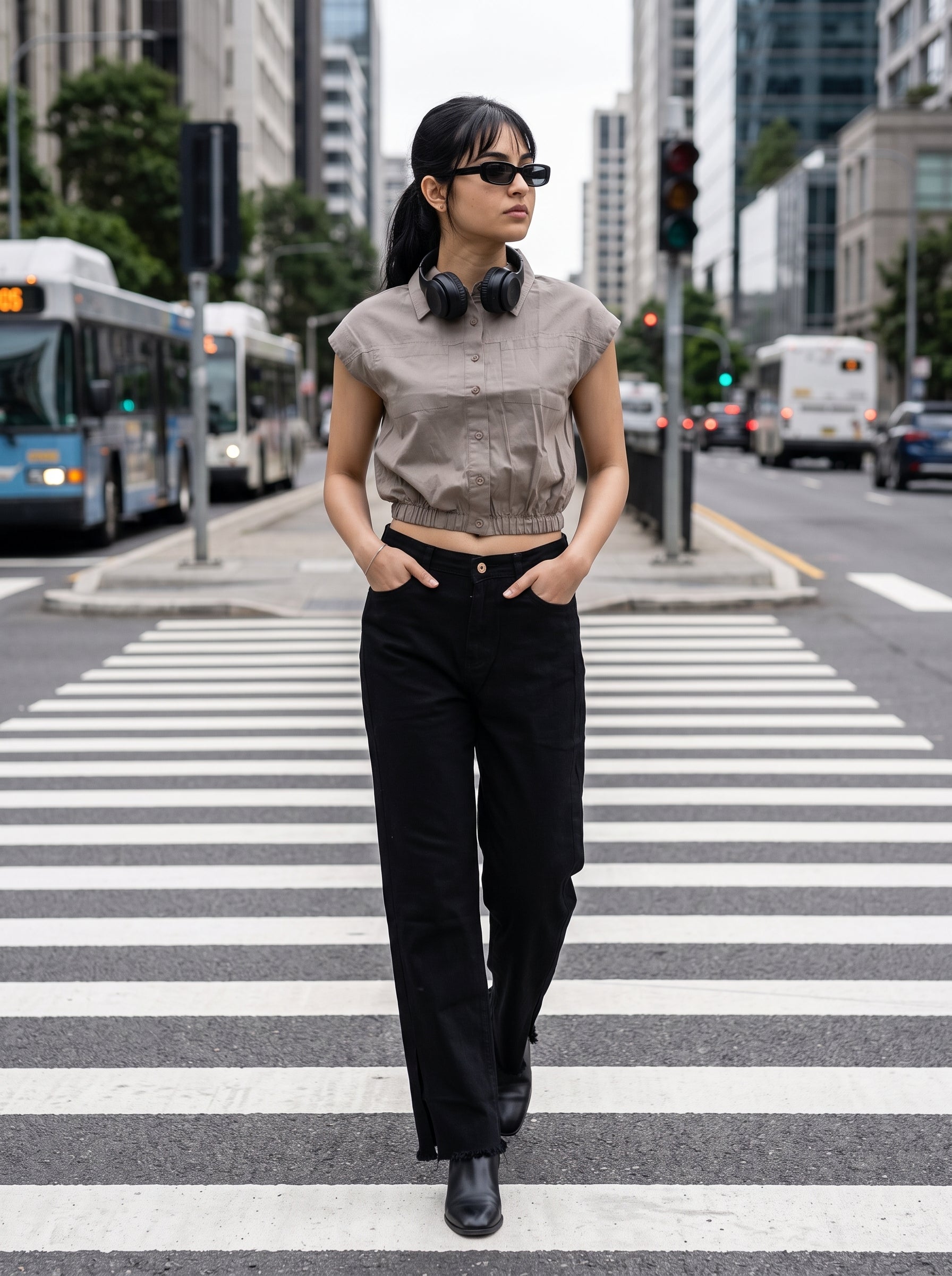 Women's Cotton Twill Grey Regular Fit Top