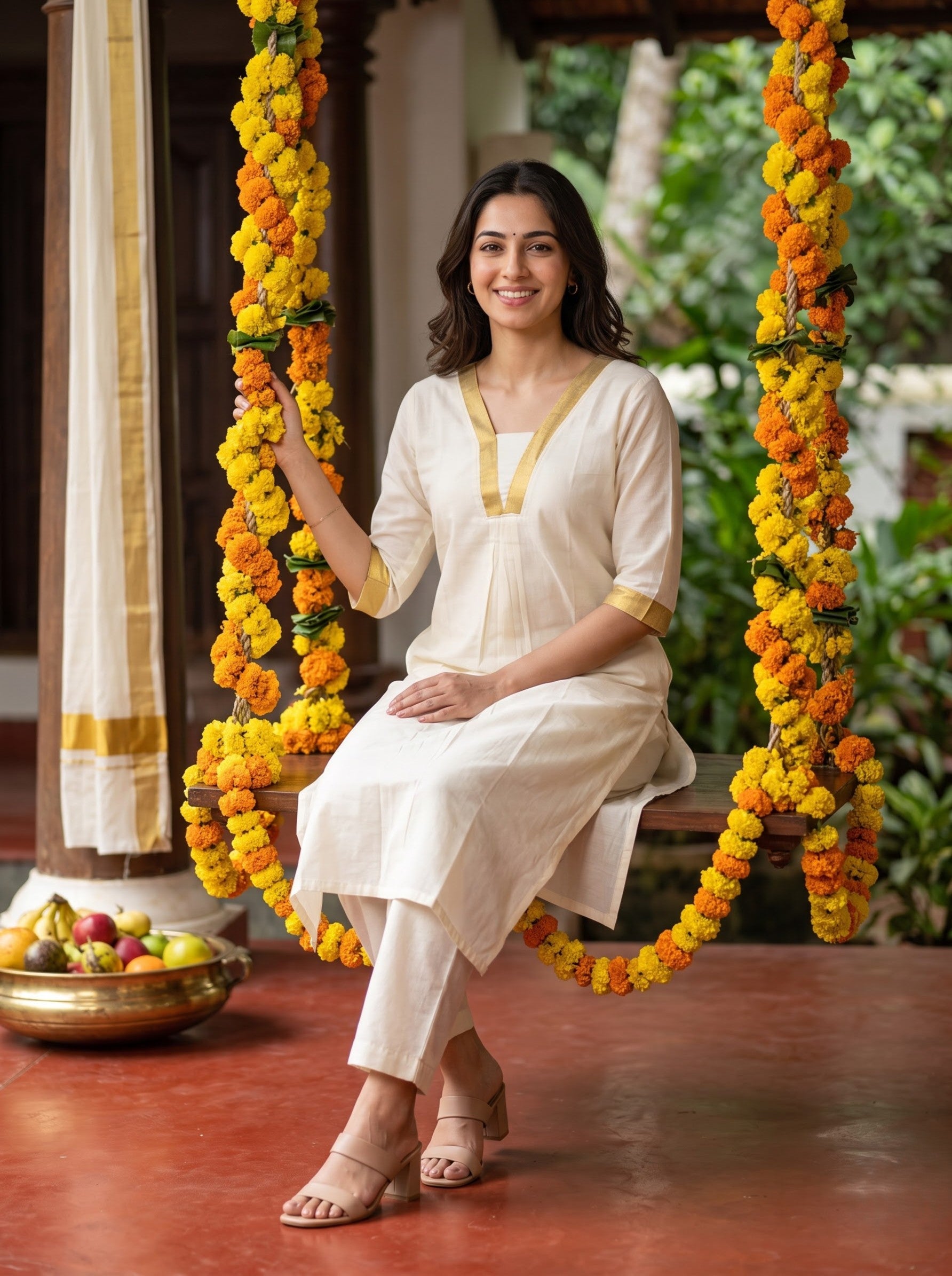 Women's  Cotton Cream Regular Fit Onam Special Kurti