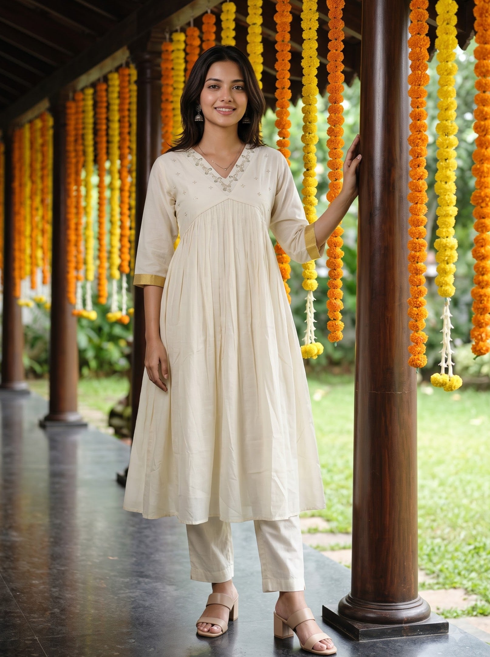 A woman modeling a cream-colored cotton kurta and trouser set with embroidered details, standing in a covered walkway decorated with orange marigold garlands.