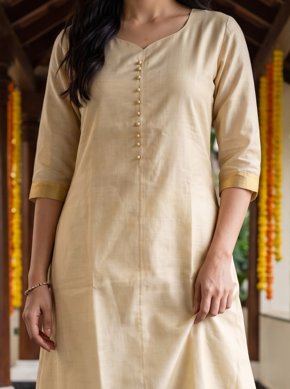 Women's  Tissue Gold Aline Fit Onam Special Kurti