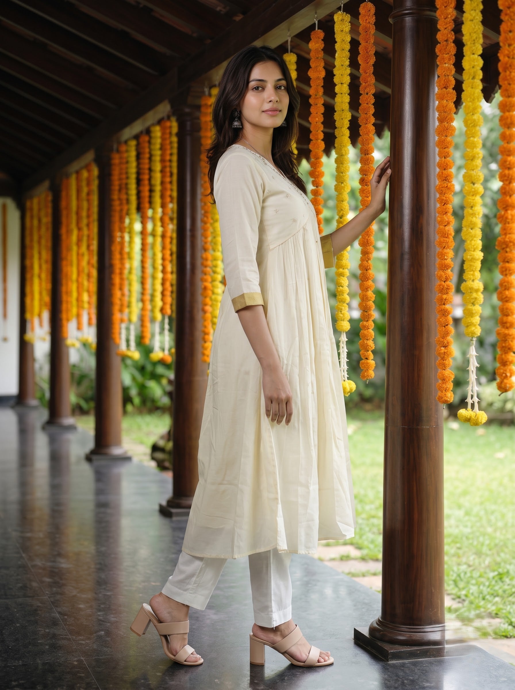 Women's Cotton Cream Aline Fit Onam Special Kurti