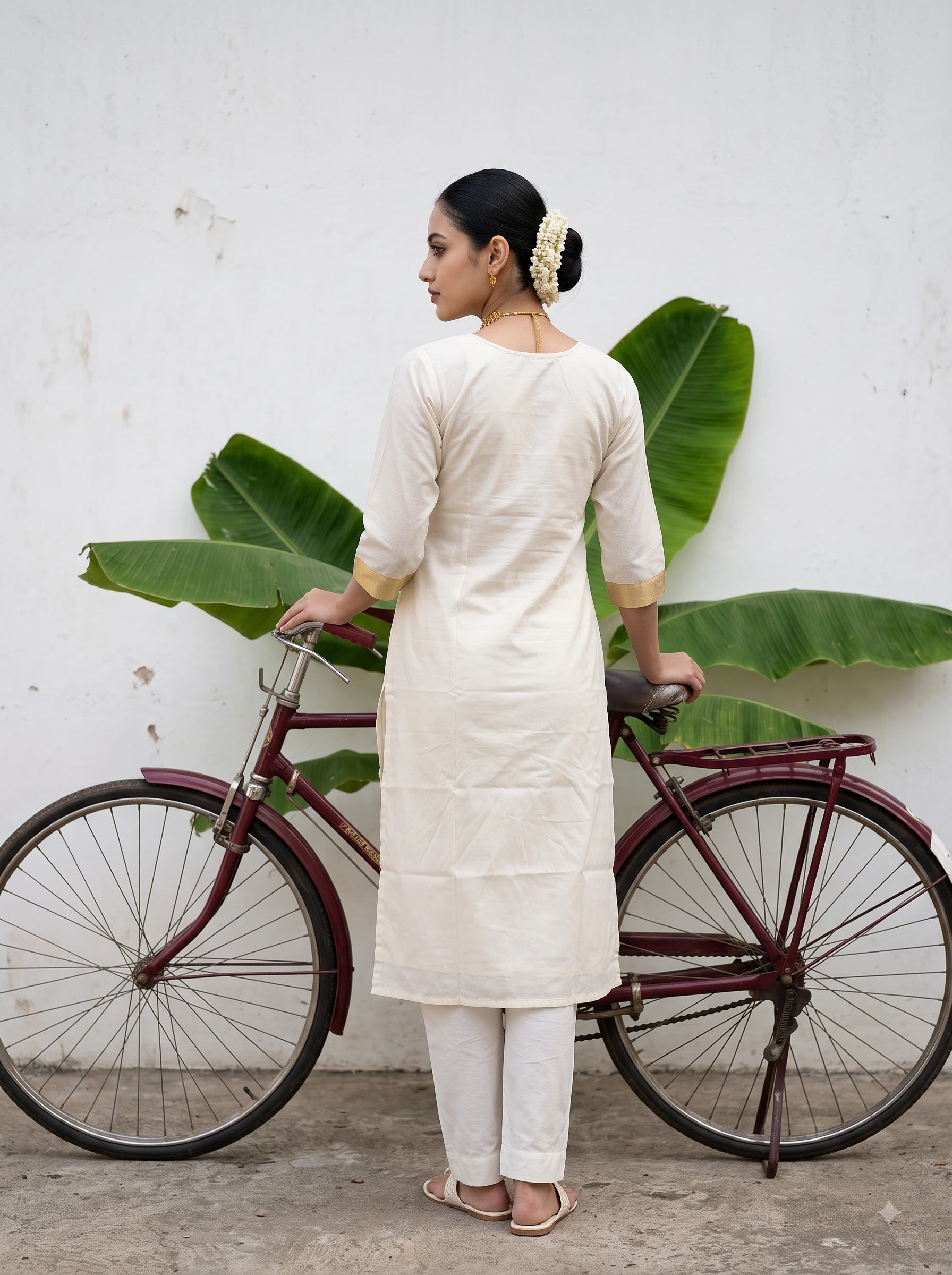 Women's Cotton Cream Regular Fit Onam Special Kurti