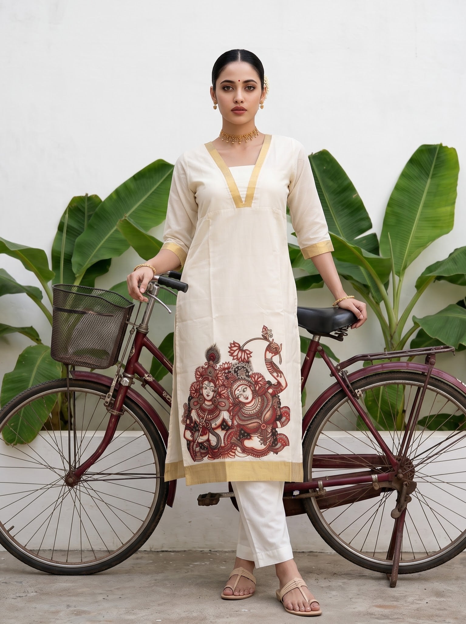 Women's Cotton Cream Regular Fit Onam Special Kurti