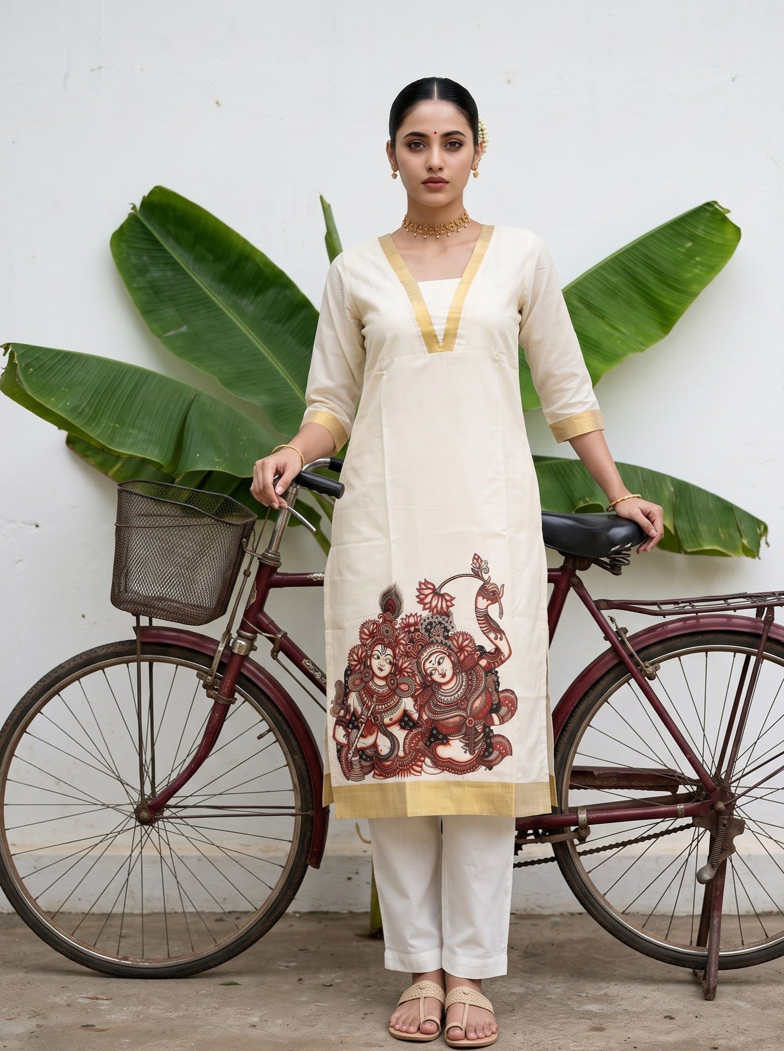 Women's Cotton Cream Regular Fit Onam Special Kurti